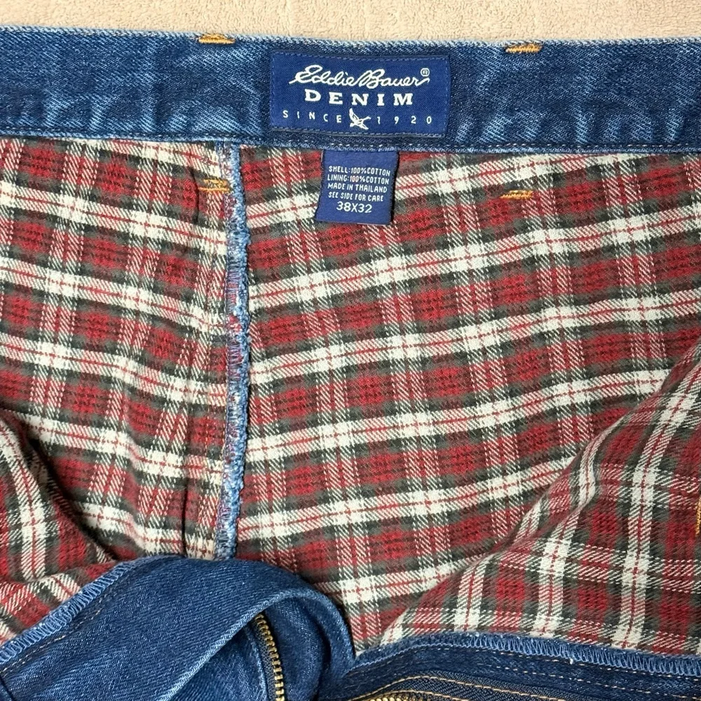 Men's Eddie Bauer Blue Plaid Lined Straight Jeans 38x32